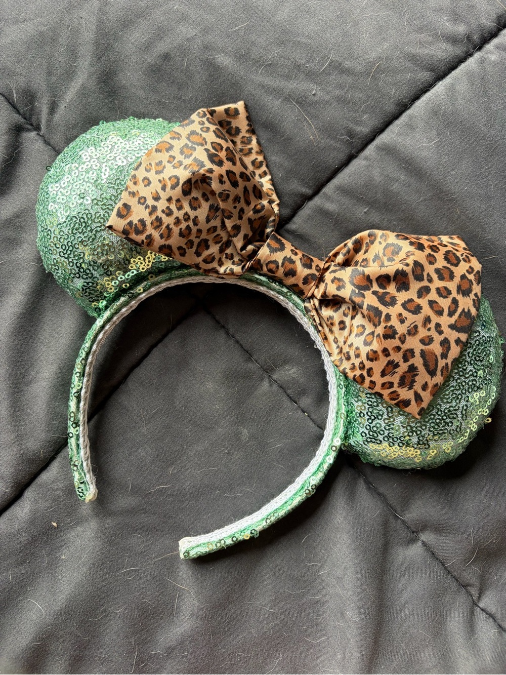 Custom turquoise sequin Minnie ears with leopard print bow
